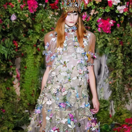 Image similar to beautiful model wearing valentino 2 0 1 4 cyber floral patterned layered dress fashion outfit, jeweled headpiece mystical crown, bright ruins environment background overgrown with flowers