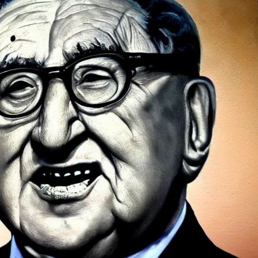 Image similar to a horror portrait of henry kissinger, hyper realistic, octane render, masterpiece portrait painting. dark, moody, ( black oil drips from his mouth and eyes ), abstract brush strokes, inner glow.