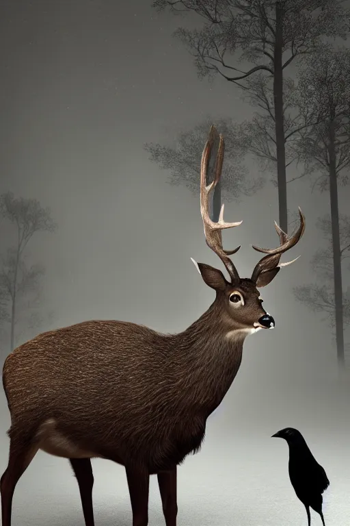 Image similar to a deer wearing a white formal coat conversing with a crow wearing a red formal coat, hyperrealistic, concept art, octane render, unreal engine 5, trending on DeviantArt, highly detailed, high quality, 8K, soft lighting, cute, natural lighting, realistic face, trending on Artstation, elegant clothes, profile picture, path traced, house background