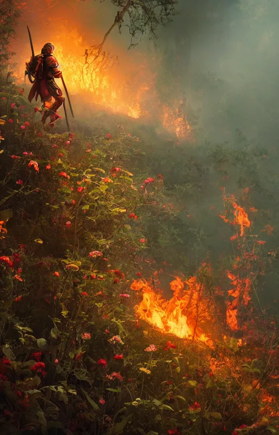 Image similar to a knight among flowers in dark forest surrounded by fire and smoke, moody, rim light, dynamic lighting, cinematic shot, gritty, ultra - detail, renderman, physically based render, greg olsen and liz lemon swindle