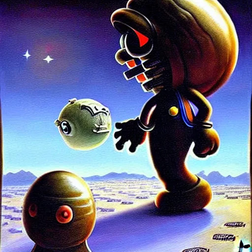 Image similar to old mario walking on an alien planet, painting by h. r. giger