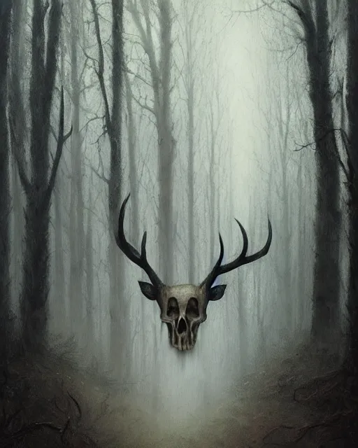 Image similar to oil painting of forest spirit made out of wooden sticks with a deer skull for a face, dark forest, fog, dark fantasy, gloomy, pale colors, by greg rutkowski