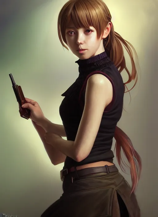Image similar to portrait of a full body of beautiful young female detective, d & d, sleeveless turtleneck, fantasy, flat lighting, intricate, highly detailed, digital painting, artstation, concept art, smooth, sharp focus, illustration, misa amane, art by simon bisley and greg rutkowski and alphonse mucha, natural tpose