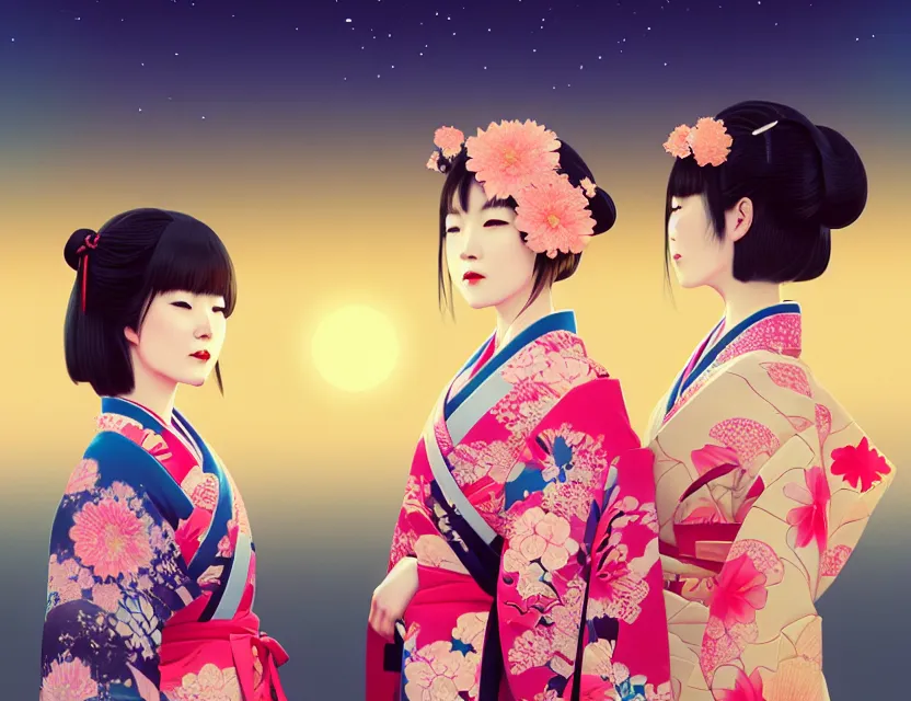 Image similar to two beautiful charming japan girls wear arty kimono in festival | | sunny night, full moon, dreamlike art, realistic shaded, smile, good looking, hyper details, 4 k realistic, cryengine, realistic shaded lighting poster by ilya kuvshinov, fuji choko, ross tran, 8 k resolution, trending on artstation, luxury