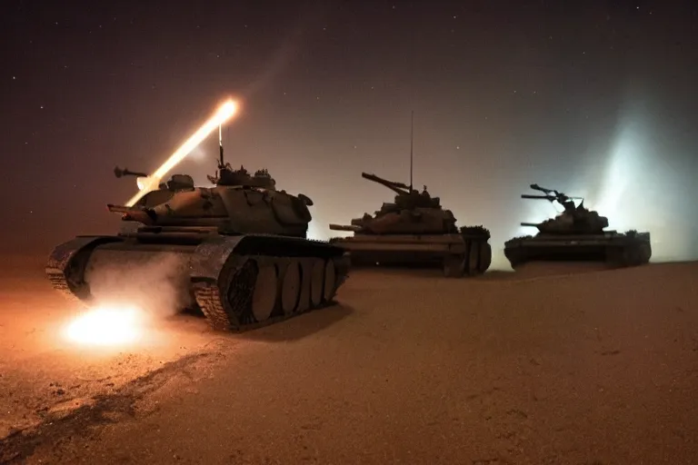 Prompt: battlefield at night, flares light up tanks moving across a desert