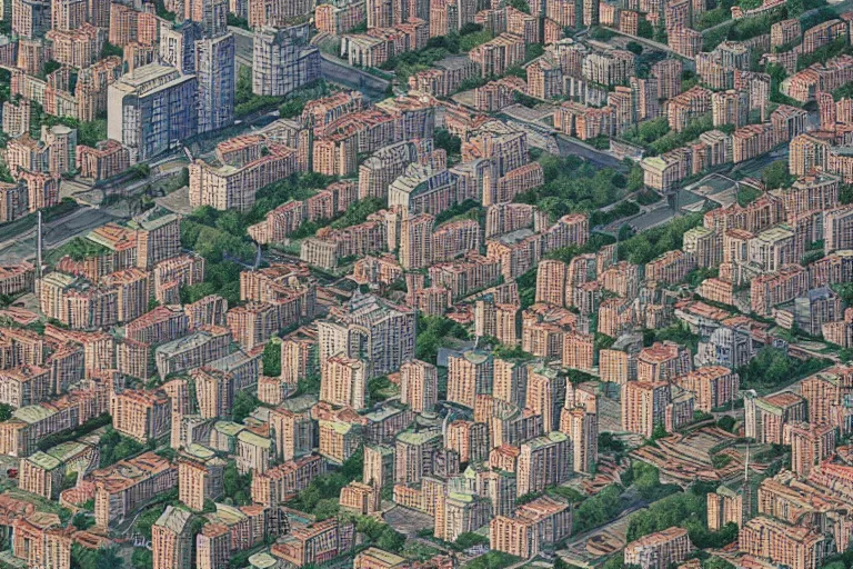 Image similar to satellite image of a soviet city with apartments