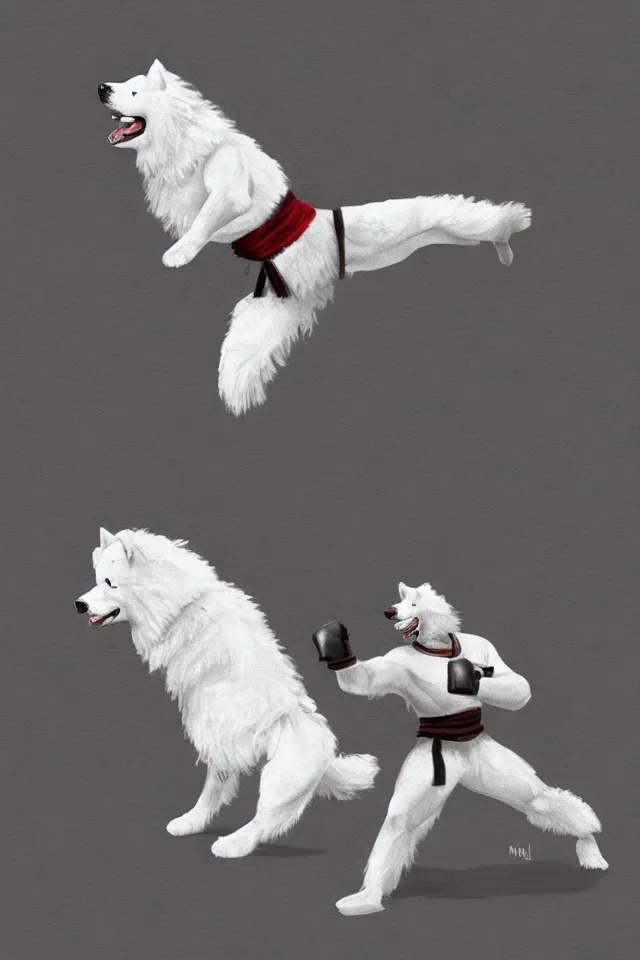 Image similar to samoyed dog as a kickboxing fighter doing Wai Kru Ram Muay, concept art