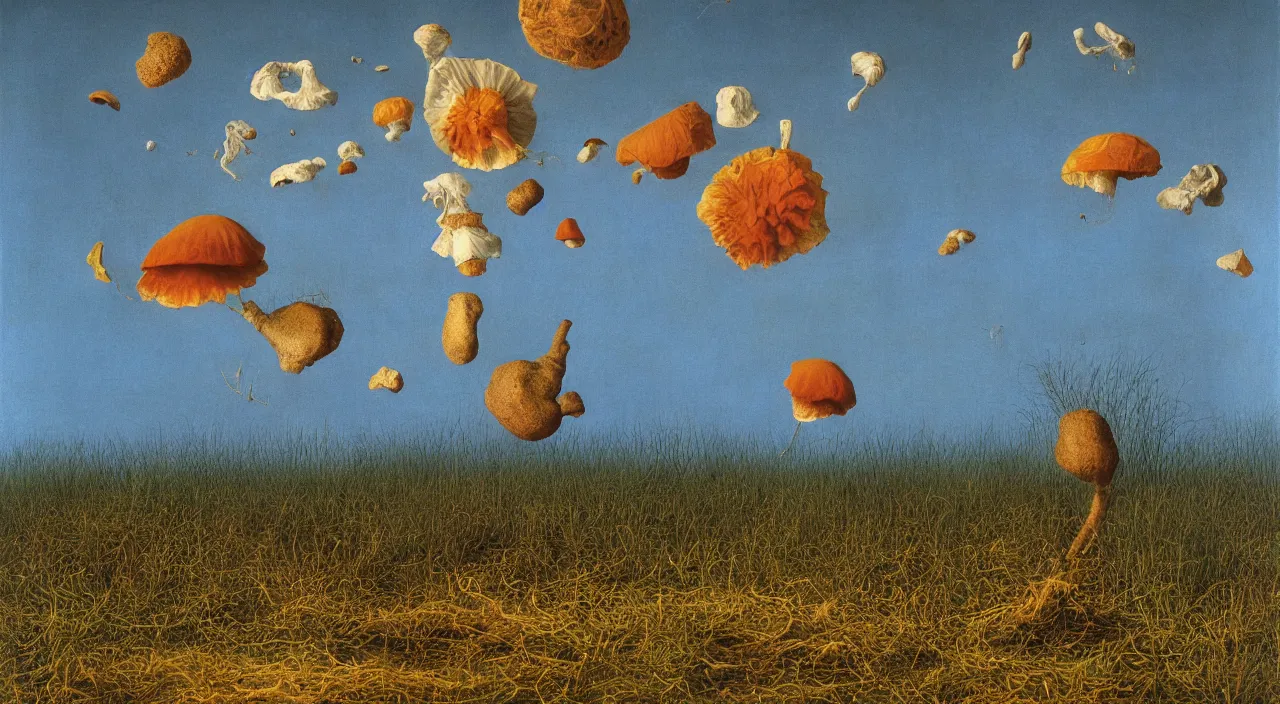 Prompt: one single! fungus floating in the clear sky, a high contrast!! ultradetailed photorealistic painting by jan van eyck, audubon, rene magritte, agnes pelton, max ernst, walton ford, cinematic lighting, masterpiece, 8 k octane 3 d render