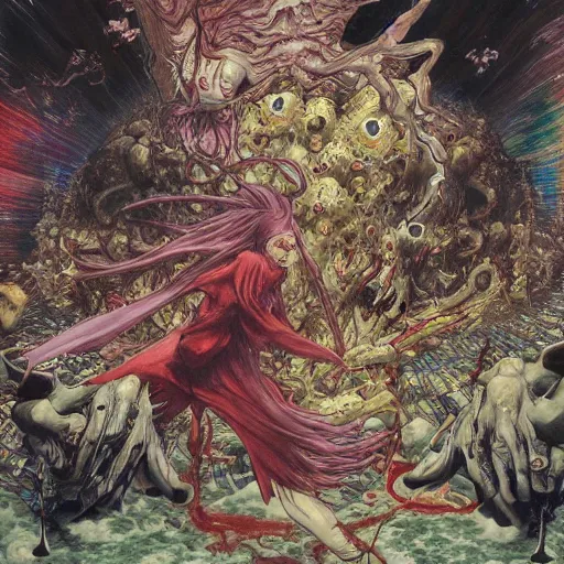 Prompt: realistic detailed image of a epic anime battle, Shintaro Kago, Kentaro Miura, Neo-Gothic, grotesque, rich deep colors. Beksinski painting, part by Adrian Ghenie and Gerhard Richter. art by Takato Yamamoto. masterpiece