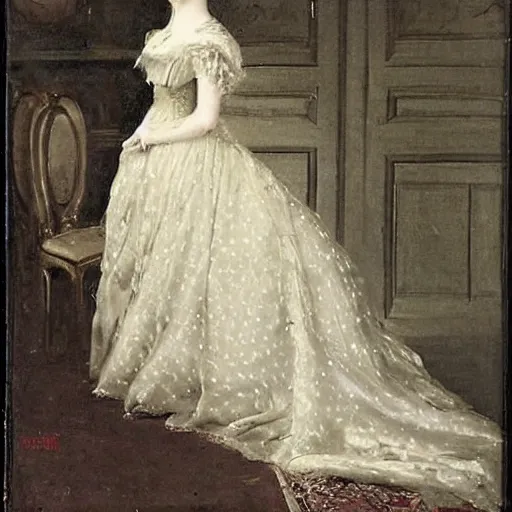 Image similar to young victorian lady shopping for ball gowns, painted by alfred stevens