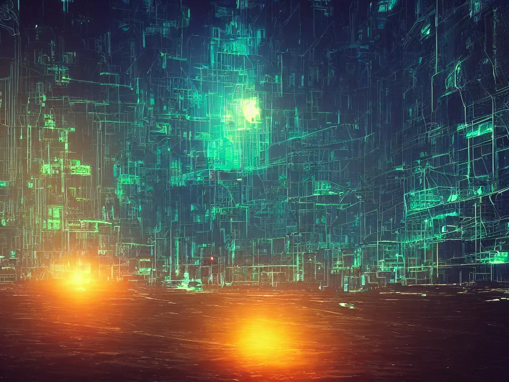 Image similar to synthwave landscape of a lone traveler walking towards a distant cyberpunk castle, cyberspace, grid, virtual, night, wireframe, by John Smith, by Alena Aenami, by Paul Lehr, wide angle, highly detailed, cinematic, Blue and Green color scheme