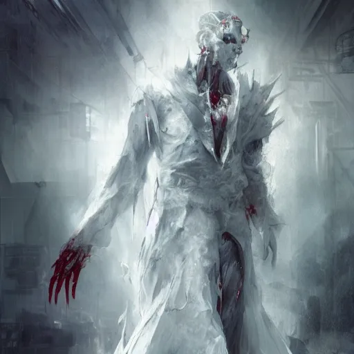 Image similar to a humanoid cyberpunk white dragon wearing a white mage robe by melmoth zdzislaw belsinki craig mullins yoji shinkawa realistic render ominous detailed photo atmospheric by jeremy mann francis bacon and agnes cecile ink drips paint smears digital glitches glitchart, realistic anime, dramatic lighting, red light, red highlights