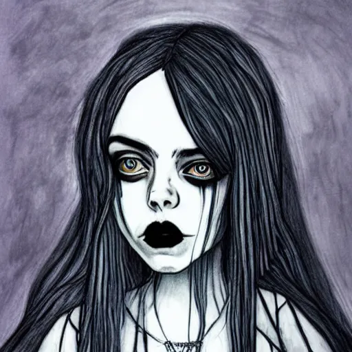 Image similar to grunge drawing of billie eilish , corpse bride style, horror themed, detailed, elegant, intricate