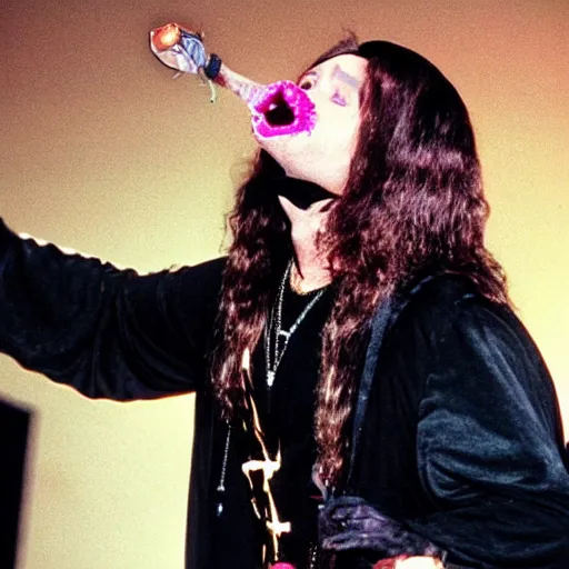 Prompt: ozzy Osborne Eating a man in a bat costume on stage, concert, mascot, crowd