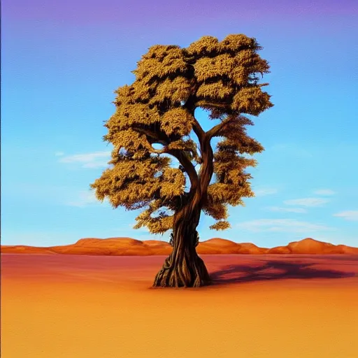 Image similar to a painting of a tree in the desert, an airbrush painting by breyten breytenbach, cgsociety, neo - primitivism, airbrush art, dystopian art, apocalypse landscape