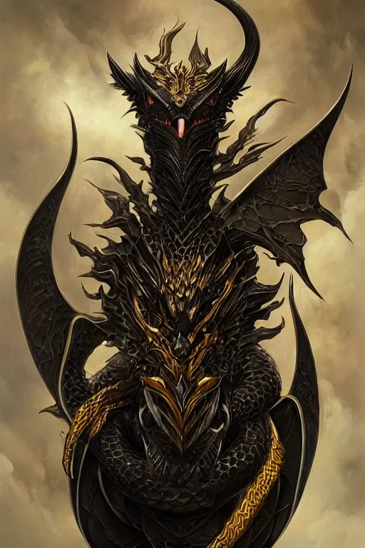 Prompt: portrait of black and golden metallic dragon emblem, by artgerm, tom bagshaw, gerald brom, moody vibe, goth vibe, 4 k, hd,