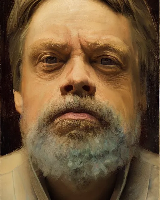 Prompt: painterly portrait, mark hamill, impasto, fantasy, chuck close:7, carl spitzweg:7, cinematic light, full face, symmetrical face