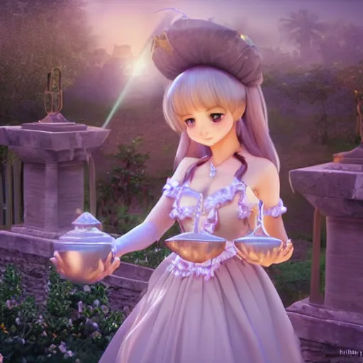 Prompt: a very detailed, ultra-realistic, pleasant, beautiful, funny, smooth 3D CG render, semirealistic anime style, close-up of a gorgeous, cute, gentle, noble priestess magician princess girl wearing dress and jewelry, in a glorious magic kingdom with castle and walls, relaxing calm vibes, fairytale, octane render