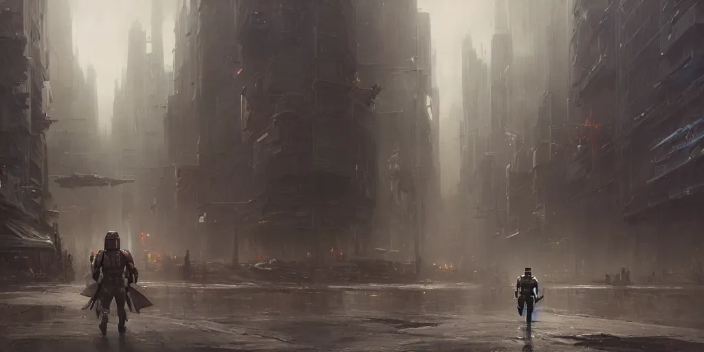 Image similar to a painting of a cinematic keyframe of a star wars mysterious boba fett walking into a cinematic landscape city, heavy atmosphere and smoke by greg rutkowski, rule of thirds, golden ratio, ambient lighting, wlop, artgerm, artstation, highly detailed masterpiece, dark fantasy art, high detail, trending on artstation