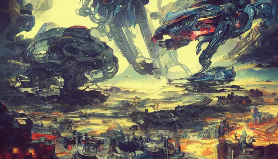 Image similar to space emperor in a motorcycle silhouette overlooking a multiversal otherworldly realm with flying mecha whale with chic streets and shops and lush volcanic garden and intricate luxurious scifi homes, allegorical style, by peter mohrbacher, jeremy mann, francoise nielly, van gogh, ross tran, beautiful, award winning scenery