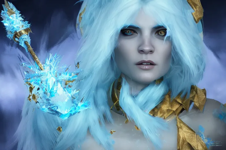 Image similar to Malevolent Ice Queen with gold leaf in the style of Artstation, Unreal Engine, photorealistic, highly detailed