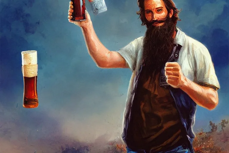 Image similar to a young man holding a beer giving a thumbs up with a long beard, 80s poster, detailed, uncropped, painted by Bastien Lecouffe-Deharme