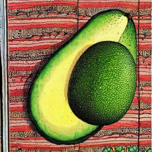 Image similar to a page from codex seraphinianus about a diagram of merging of emma watson with avocado