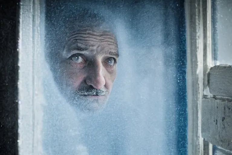 Image similar to a cinematic painting of an old male prisoner inside of jail cell looking out of a small frosted window, beautiful lighting, high depth, ultra realistic, artistic, by gregory crewdson, blue color theme