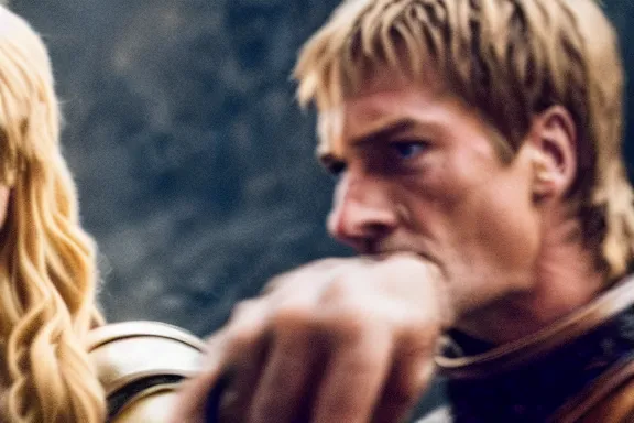 Image similar to very very intricate photorealistic photo of jaime lannister fighting cersei, photo is in focus with detailed atmospheric lighting, award - winning details