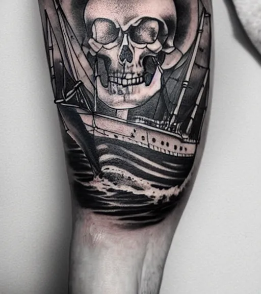 Image similar to A realism tattoo design of a pirate ship, white background, black and white, highly detailed tattoo, realistic tattoo, realism tattoo, beautiful shades