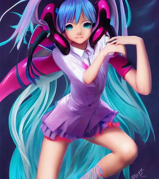 Image similar to Anime art of beautiful Hatsune miku with beautifel legs by artgerm, rossdraws, magali villeneuve, Gil Elvgren, Alberto Vargas, Earl Moran, Enoch Bolles, high detail, digital art