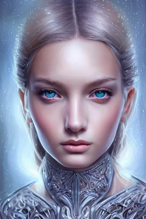 Prompt: a photorealistic painting of an attractive young girl, partially clothed in ethereal armor emitting psychic powers, beautiful bone structure, symmetrical face, perfect eyes, intricate, elegant, highly detailed, hyper detailed, trending on tumblr, by artgerm, by loish, fantasy scene, fantasy aesthetic, trending on Artstation