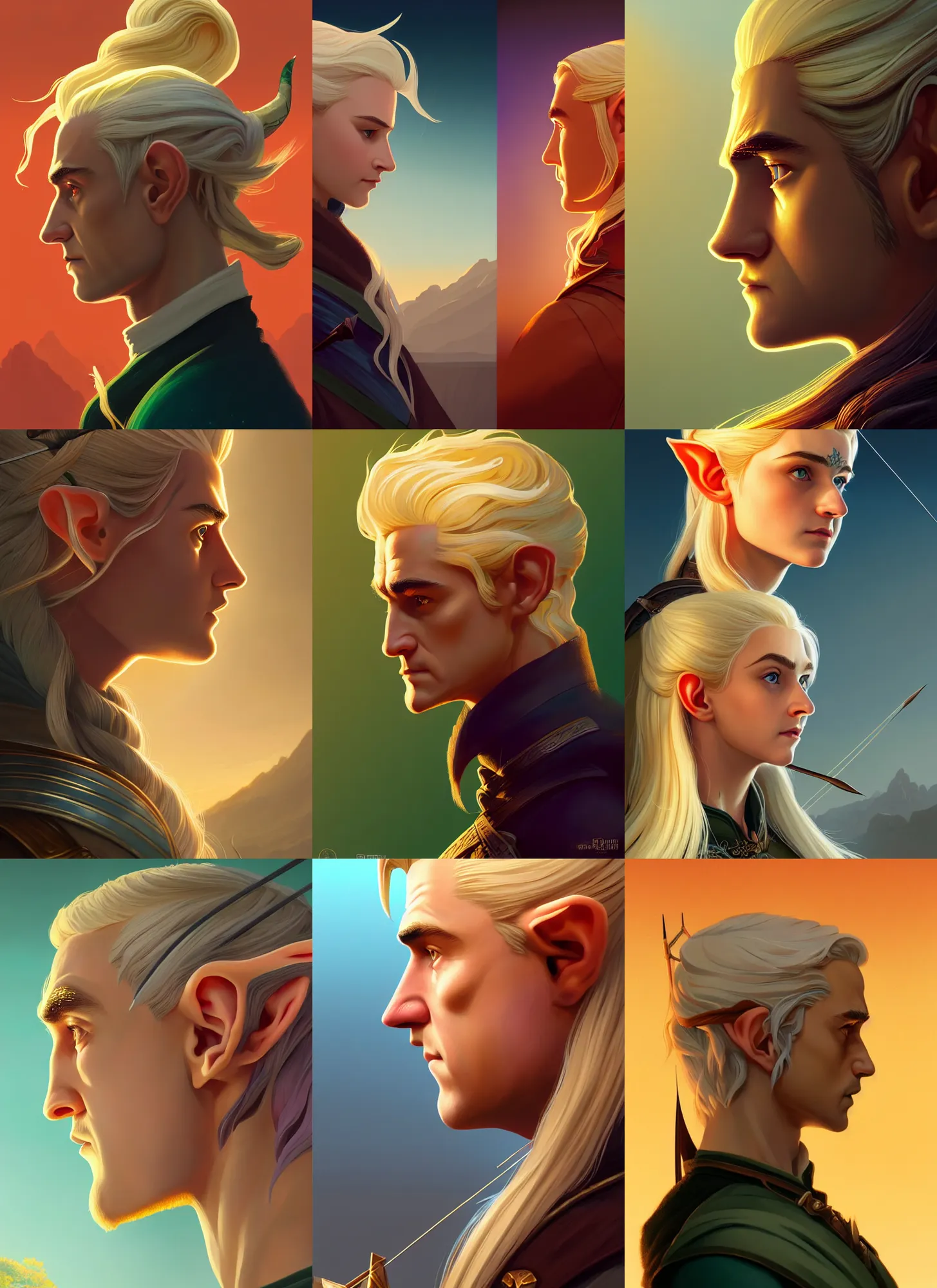 Prompt: side profile centered painted portrait, legolas as an elf ranger, blonde hair, arrogant, d & d, gloomhaven, matte painting concept art, art nouveau, beautifully backlit, swirly vibrant color lines, fantastically gaudy, aesthetic octane render, 8 k hd resolution, by ilya kuvshinov and cushart krentz and gilleard james