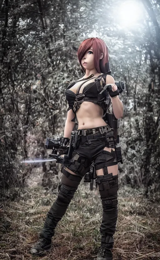 Image similar to an escalating violent firefight, highly detailed, high resolution, cosplay photo, stunning, girls frontline style, bokeh soft, 100mm, trending on instagram, by professional photographer, realistic human anatomy, real human faces, realistic military carrier, modern warfare, maid outfit, realistic weapon, shot with a arriflex 35 ii, low saturation, small human eyes, running pose