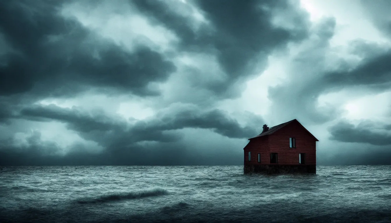Image similar to lonely house on the island, lake, windy waves, raining, storm, distant thunder, atmospheric, scary, ambient vibe, very detailed, high resolution, 8 k