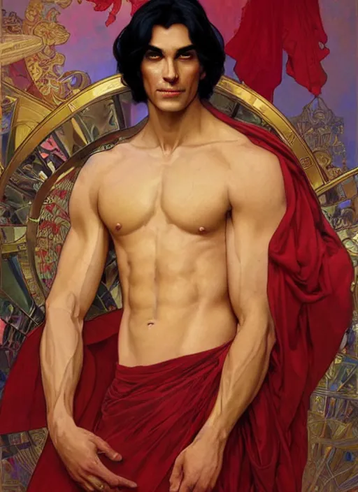 Prompt: a tall muscular man with chiseled features, black hair, and tanned skin. he wears royal robes of red and gold and his expression is a witty smirk. portrait painting by artgerm and greg rutkowski and alphonse mucha