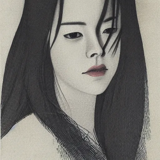 Prompt: “ emma stone portrait by ikenaga yasunari, drawing, realistic, sharp focus ”