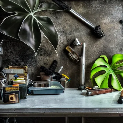 Image similar to A close-up shot of a metal table with laboratory tools and materials in an abandoned biopunk laboratory, plants everywhere, jungle themed, monstera, life,