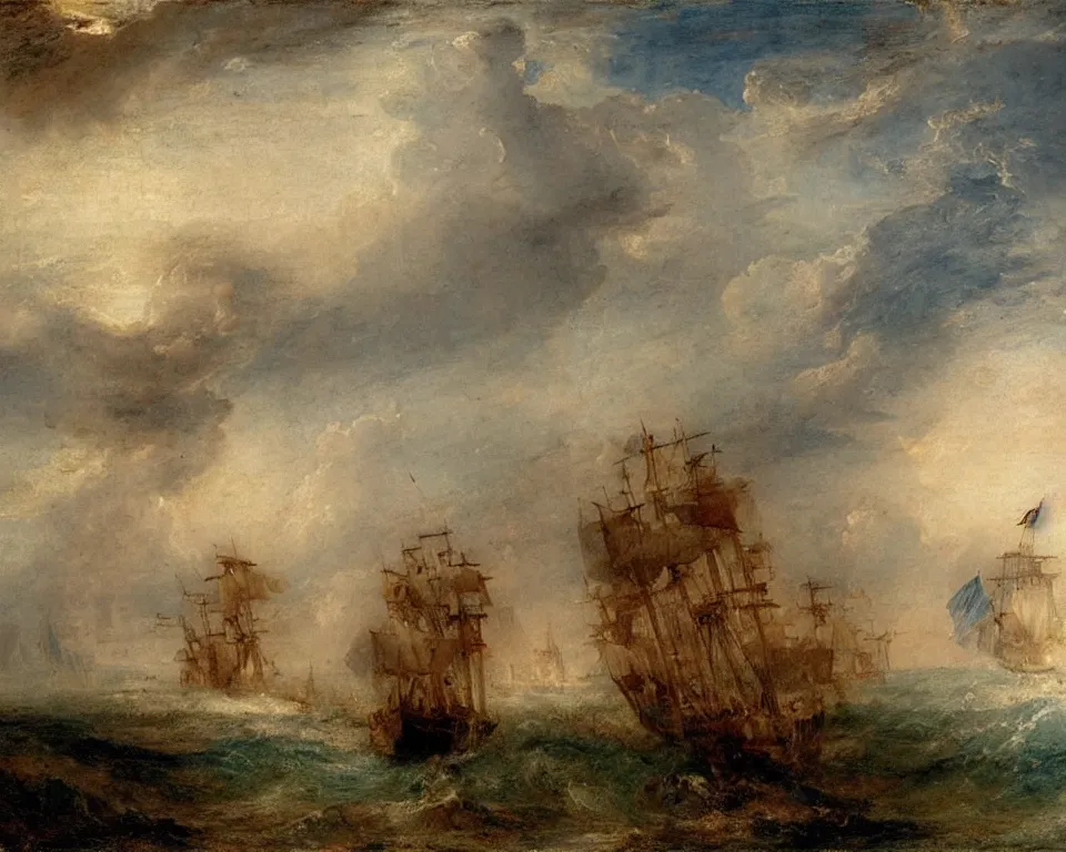 Prompt: Two pirate ships circling each other in a tropical lagoon by Turner and Raphael.