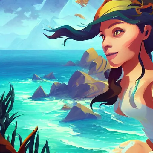 Image similar to painting mermaid treasure on sea of thieves game avatar hero smooth face median photoshop filter cutout vector, behance hd by jesper ejsing, by rhads, makoto shinkai and lois van baarle, ilya kuvshinov, rossdraws global illumination