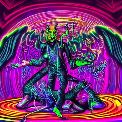 Image similar to psychedelic cyberpunk demon painting, rocking out, wearing headphones, huge speakers, dancing, rave, DJ, spinning records, digital art, amazing composition, rule-of-thirds, award-winning, trending on artstation, featured on deviantart