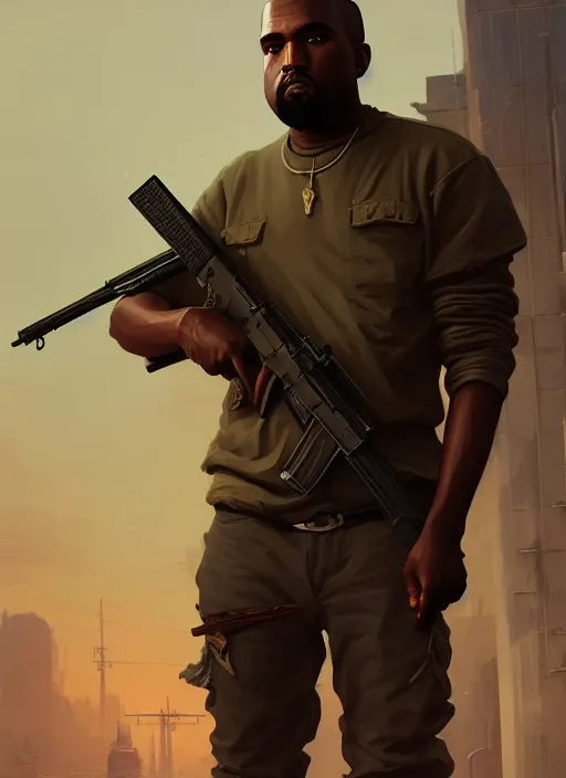 Image similar to highly detailed portrait kanye holding rifle in gta v stephen bliss unreal engine fantasy art by greg rutkowski loish rhads ferdinand knab makoto shinkai lois van baarle ilya kuvshinov rossdraws tom bagshaw global illumination radiant light detailed intricate environment