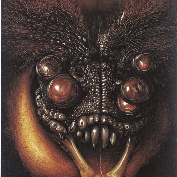 Prompt: close up portrait of a mutant monster creature with giant flaming protruding eyes bulging out of their eye sockets, exotic black orchid - like mouth, insect antennae by jan van eyck, audubon
