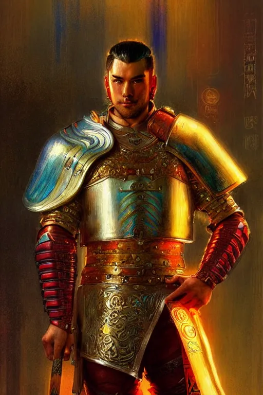 Image similar to attractive beefy male with armor, tang dynasty, character design, colorful, neon lights, cyberpunk, painting by gaston bussiere, craig mullins, j. c. leyendecker, tom of finland