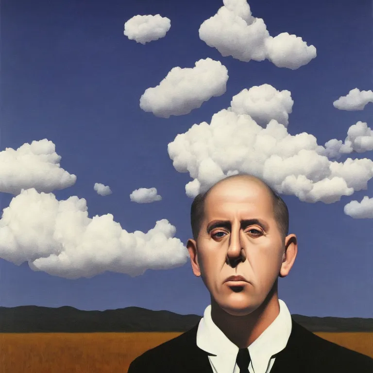 Image similar to portrait of maynard james keenan, clouds in the background, by rene magritte, detailed painting, distance, middle centered, hd, hq, high resolution, high detail, 4 k, 8 k