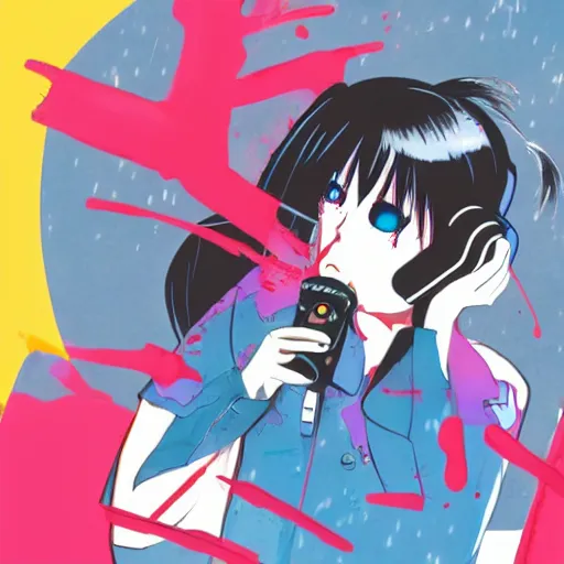 Prompt: studio gainax illustration, bloodied anime girl listening to music in a train, noise rock album cover