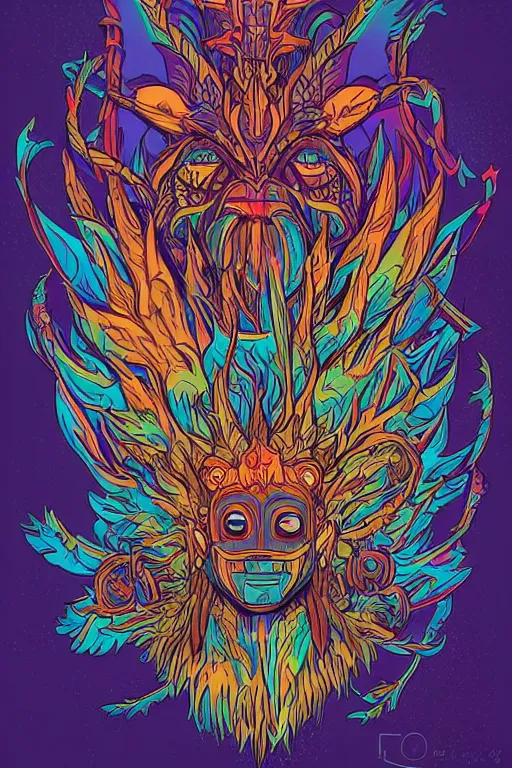 Image similar to animal mask totem roots tribal feather gemstone plant wood rock shaman vodoo video game vector illustration vivid multicolor borderlands comics by josan gonzales and dan mumford radiating a glowing aura