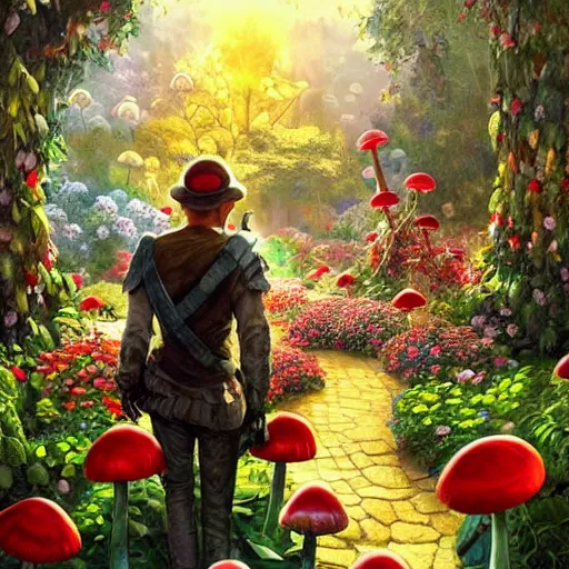 Image similar to portrait of Mario, walking through a garden of exotic flowers in the Mushroom Kingdom, giant red and white spotted mushrooms, and roses, from behind, Castle in distance, birds in the sky, sunlight and rays of light shining through trees, beautiful, solarpunk!!!, highly detailed, digital painting by Michael Garmash and Peter Mohrbacher