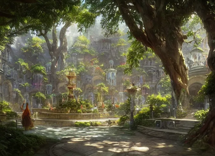 Image similar to A wide open courtyard in a beautiful, colorful elven city made of ivory, anime, lush trees, fountain, a fantasy digital painting by Greg Rutkowski and James Gurney, trending on Artstation, highly detailed