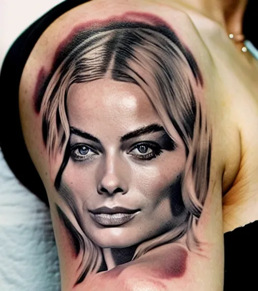 Image similar to tattoo sketch of margot robbie mash up amazing mountain scenery and nature, double exposure effect, in the style of arlo dicristina, hyper realism, amazing detail, sharp